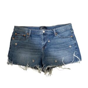 GAP Denim 3" Shorts Women 33 Blue Floral Embroidered Daisy Raw Hem Casual Summer